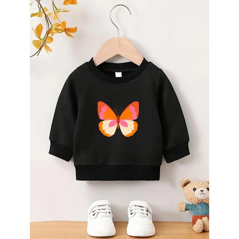 Baby Girls' Soft Pink Butterfly Cartoon Print Hoodie - Long Sleeve Round Neck Spring & Autumn Outfit