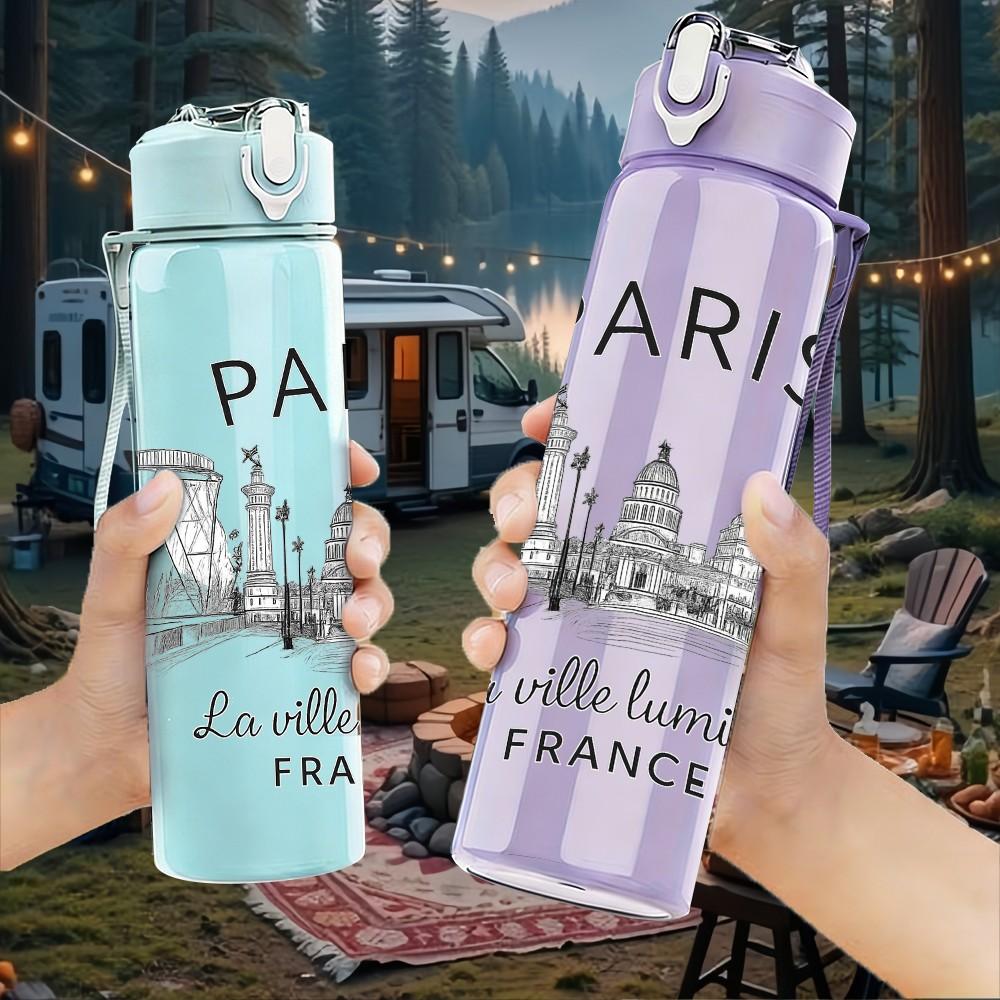1PC Paris City Landmark Art Print 750ml Color Plastic Sports Water Bottle Leakproof Flip Straw Lid Suitable for Sports Office Home Use