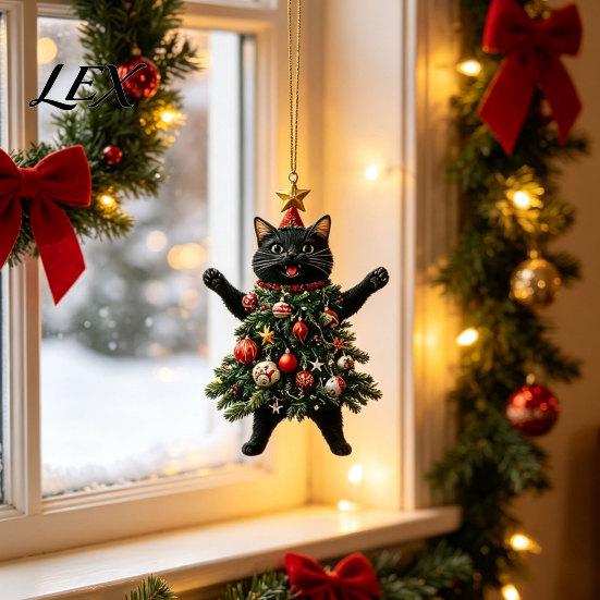 Party Favors for Christmas 2Pcs Cat Acrylic Ornament, 2D Flat Kitty Hanging Pendant with Holiday Supplies Santa Hat Tree Decor, Car Rearview