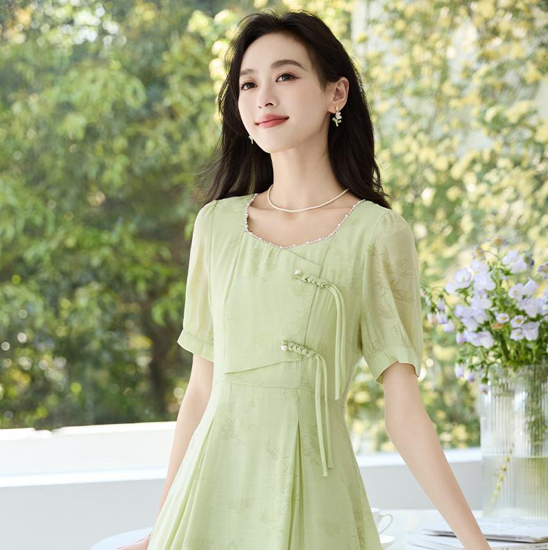 New Chinese style light national style buckle pearl square neck cinched waist slimming bamboo texture heavenly silk dress