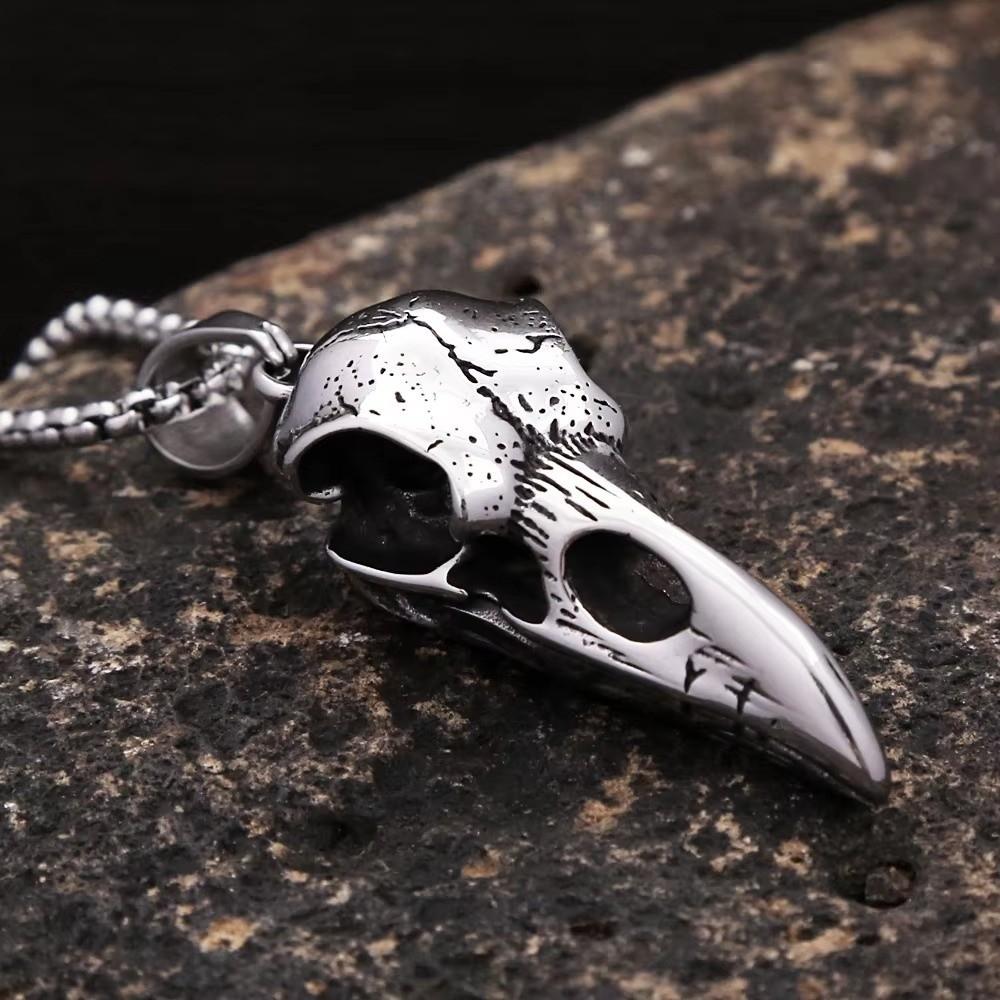Silver Crow Skull Pendant Vintage Pendant Necklace Fashion Viking Crow Necklace for Men and Women