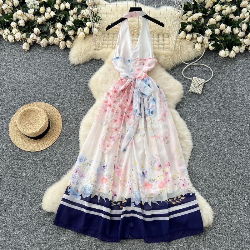 Летнее платье с завышенной талией Женское платье с ожерельями Открытая спина Печатное платье