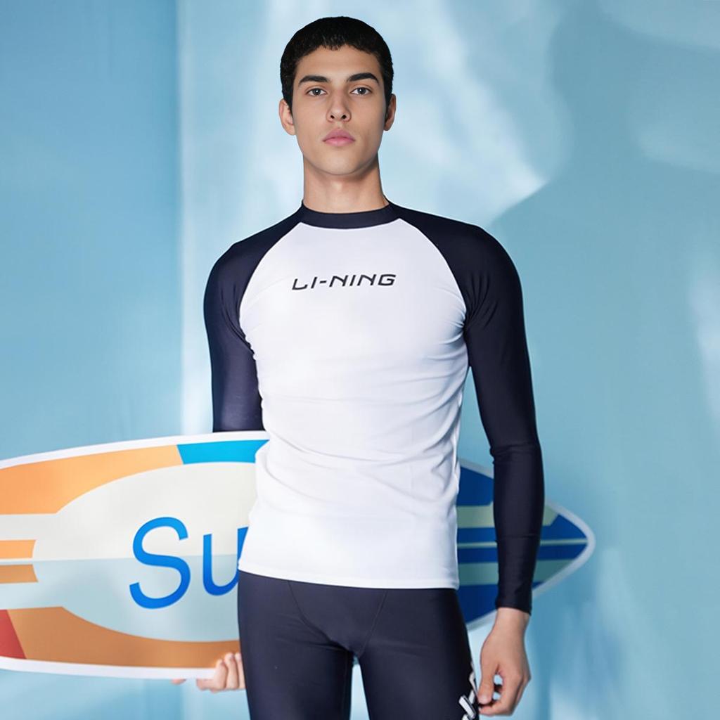 Li Ning Swimming Series Letter Round Neck Pullover Long Sleeve Swimsuit Men swimsuit Black Standard-White ASLT085-2