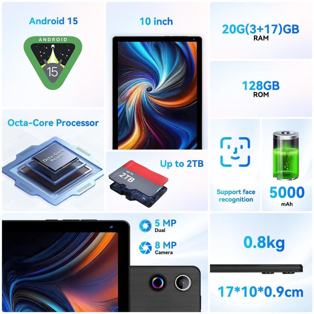 Планшет Android 14, 10,4 дюйма, 20 ГБ ОЗУ + 128 ГБ ПЗУ, Восьмиядерный, Разблокировка по лицу, Аккумулятор 5000 мАч