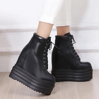 Шнуровка Ботильоны 16 см Толстый каблук Ботильоны Женские Туфли на высоком каблуке Осень Зима Женская обувь черные ботинки обувь на платформе