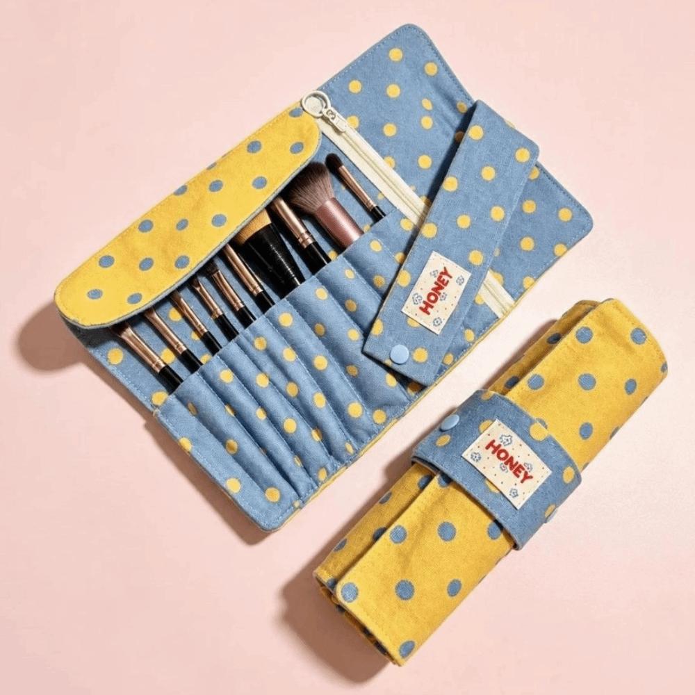 Foldable Makeup Brush Roll Pouch Polka-Dot Makeup Brush Bag Travel Storage