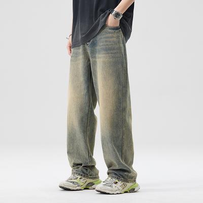 Американский ретро варка и старые желтые грязевые джинсы мужские и женские одинаковые свободные прямые широкие брюки