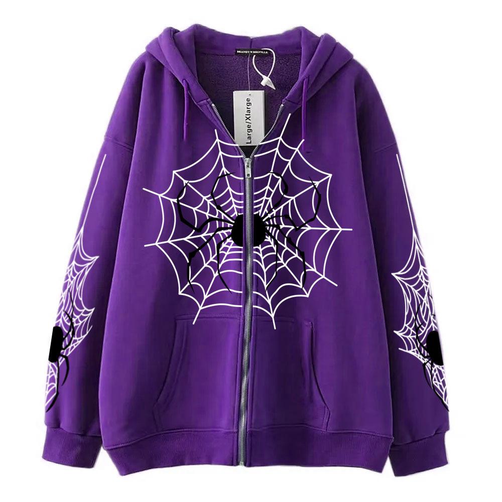 Spring and Autumn Women's Fashion Spider Web Printed Hooded Casual Jacket