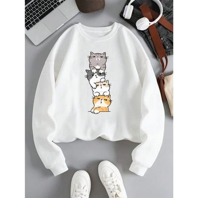 2025 Четыре кошки играют друг на друге Принты Худи Женский Осень Зима Свитшот Базовый Пуловер Повседневная Женская Одежда