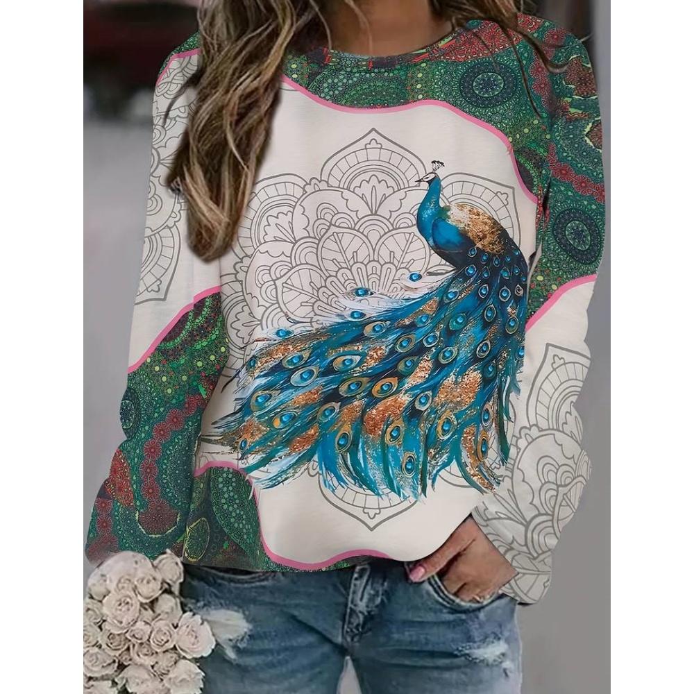 Женские футболки осень/зима с принтом животных, длинные рукава, имитация хлопка, футболка с круглым вырезом, свободные топы больших размеров, одежда 2024