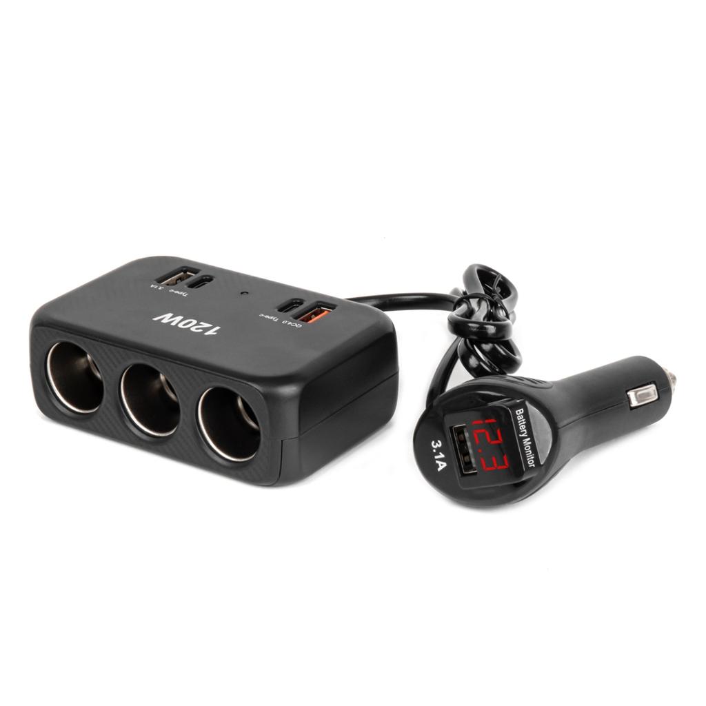 Cigarette lighter socket splitter with charger 2x USB-A 1x USB-C QC4.0 12V 24V 120W 80cm AMIO-04366