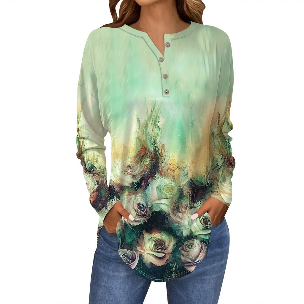 Футболки для женщин, осенние повседневные рубашки с длинным рукавом на пуговицах, толстовка с винтажным принтом, топ, пуловер