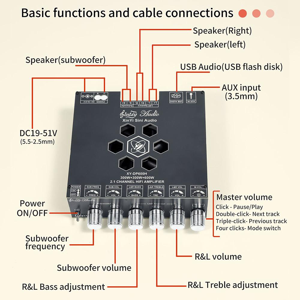 Цифровой усилитель XY-DP600H 2.1-канальный 300Втx2 + 600Вт Стереоусилитель сабвуфера TPA3255 с Bluetooth, Беспроводная передача звука