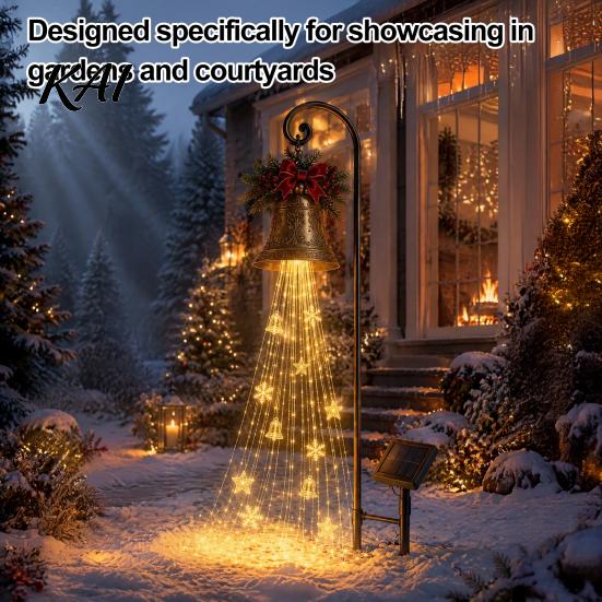 Solar Powered Yard Accents Christmas Bell Waterfall Light, LED Metal Garden Stake with Red Ribbon, Iron Art Holiday Displays Auto On/Off, Waterproof