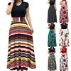 Women Party Clothes Long Crew Neck Floral Beach Dress Short Sleeve Skirt Maxi Vintage S-3XL