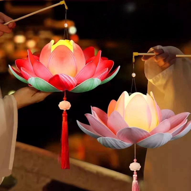 2026 Mid-Autumn Festival Lantern Handheld Paper Lotus Flower DIY Lantern Material Kit Glowing Festival Lantern Lotus Light Decor