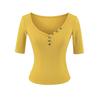 Button V-neck medium-sleeved T-shirt women's summer new American Spice Girl slim and thin short pullover bottoming top