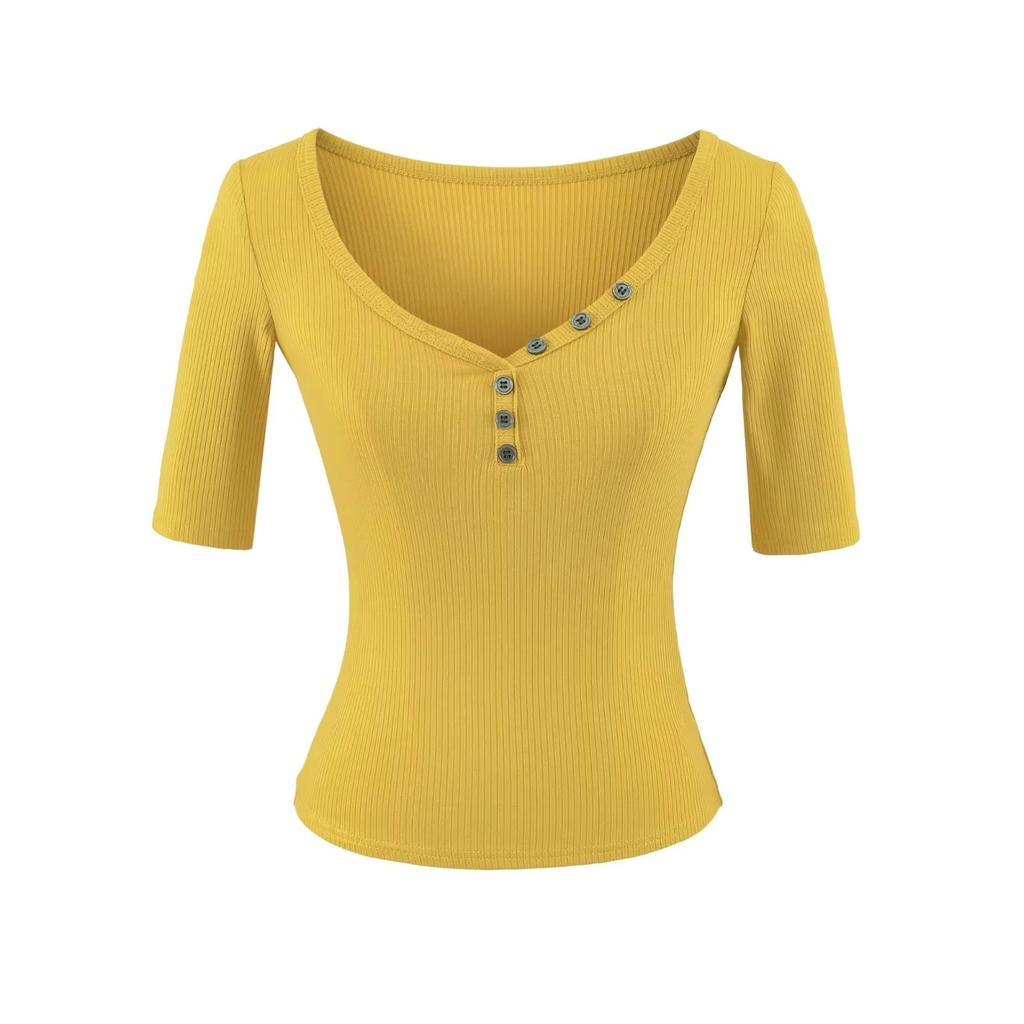 Button V-neck medium-sleeved T-shirt women's summer new American Spice Girl slim and thin short pullover bottoming top