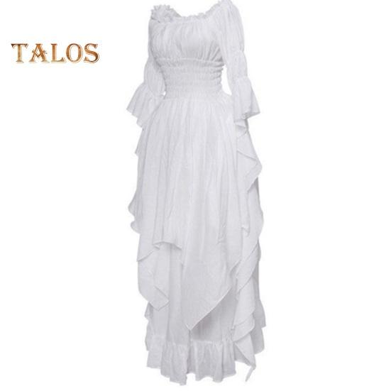 Women Ball Gown Off Shoulder Gothic Long Horn Sleeves Irregular Layered Pleated Elastic Tight Waist Solid Color Retro Renaissance Party Prom Maxi