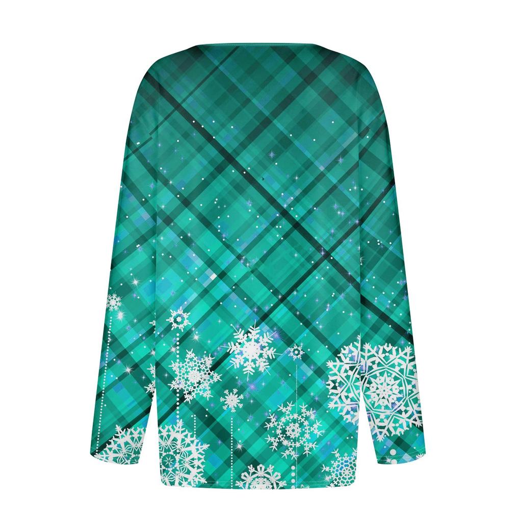 Женская футболка с прямыми плечами и рождественским принтом, длинными рукавами, прямыми плечами и V-образным вырезом на пуговицах