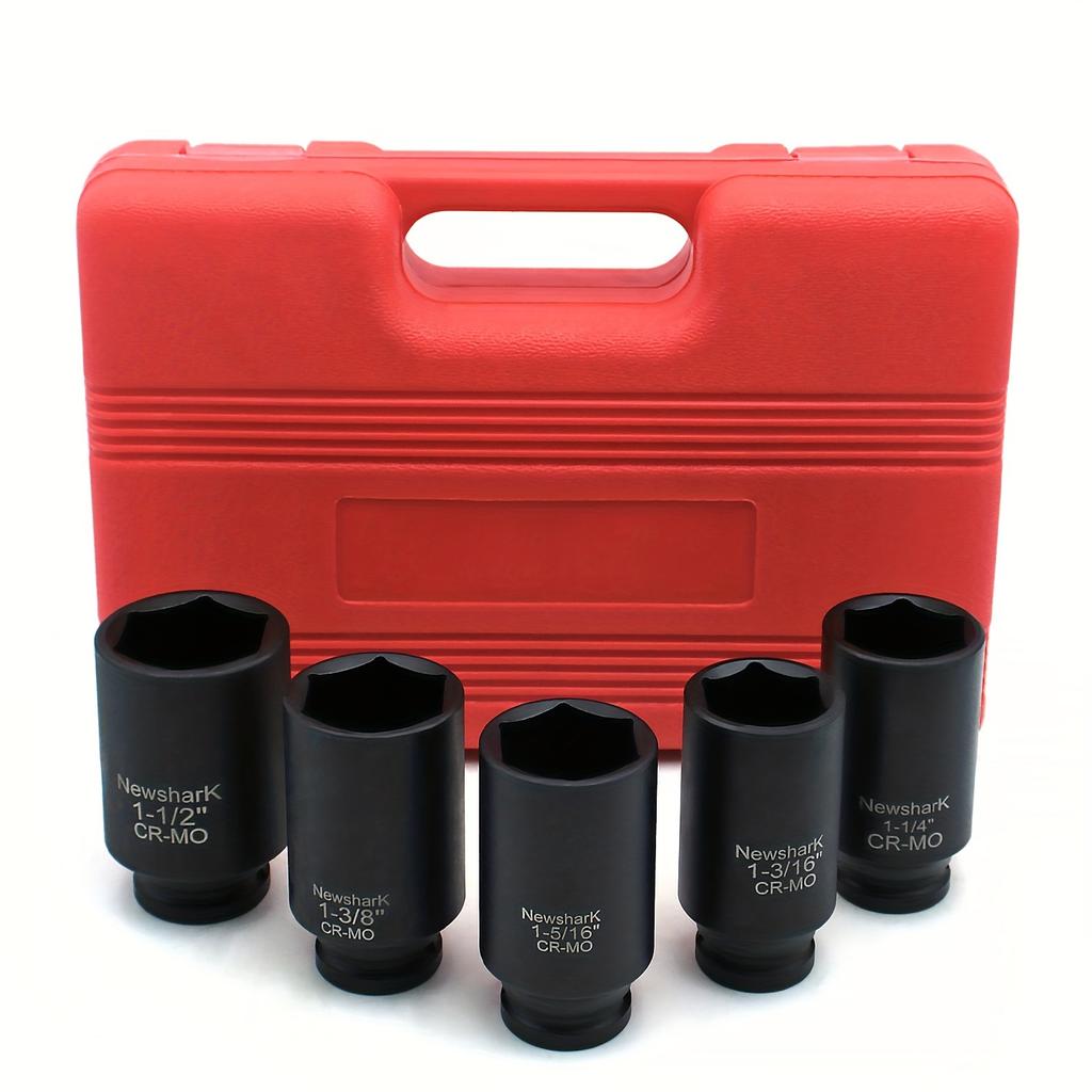 5 шт. Набор ударных головок для гаек ступицы оси с глубоким профилем, привод 1/2 дюйма, 6-гранные, SAE, CR-MO, сверхпрочный набор ударных головок с портативным кейсом