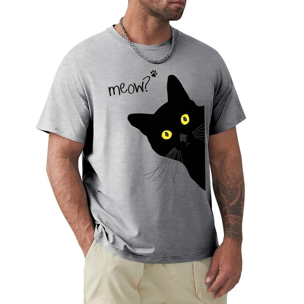 Мужские футболки с забавным принтом «Мяу, черный кот», дышащая футболка, летняя уличная одежда, топы, свободные хлопковые топы большого размера с коротким рукавом
