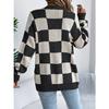 GMXIA Autumn and Winter Color-blocking Checkered Lantern Sleeve Cardigan Sweater Mid-length Coat Women's Wear