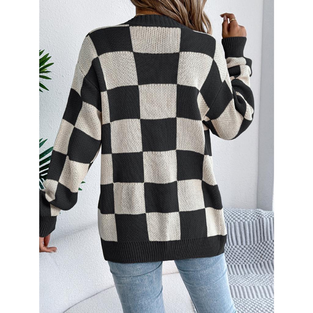 GMXIA Autumn and Winter Color-blocking Checkered Lantern Sleeve Cardigan Sweater Mid-length Coat Women's Wear
