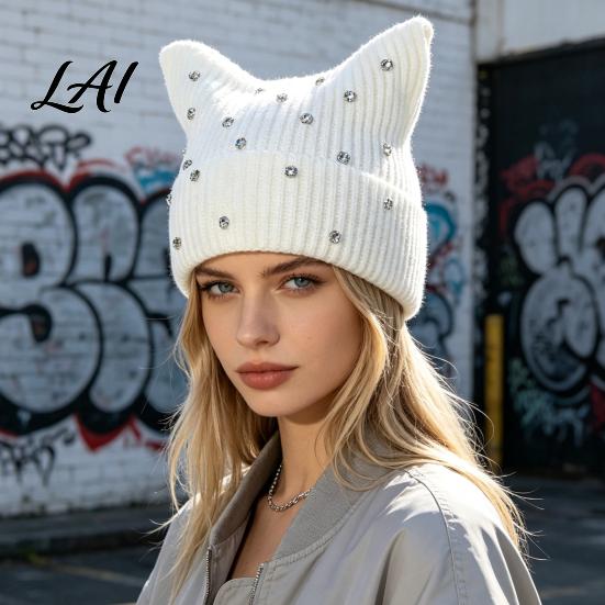 Contrast Color Striped Hat Cat Ear for Women Girls Slouchy Crochet Headgear Fashionable Streetwear Headwear with Shiny Rhinestones Cute Winter Warm