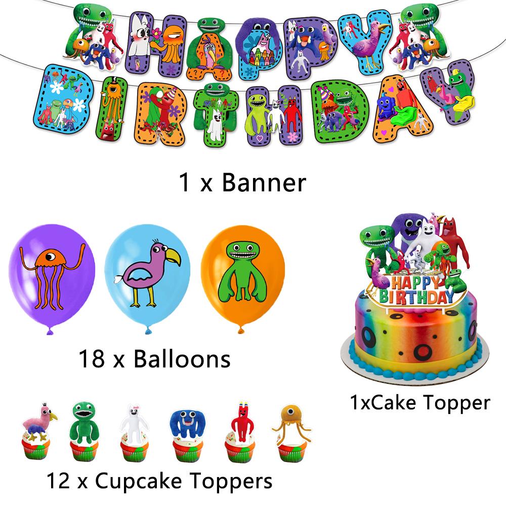 Декорации для тематической вечеринки «Сад Банбана» включают воздушные шары для торта и баннера.