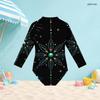 Girls High Neck Long Sleeve Front Zip Black Printed One Piece Swimsuit