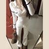 2025 Autumn French Chic White Women's Polo Neck Slim Fit Knit Sweater