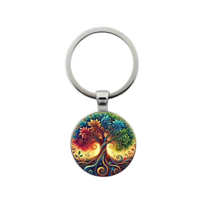 Life Tree Glass Pendant Keychain With Vibrant Line Design For Celebration And Souvenir Use
