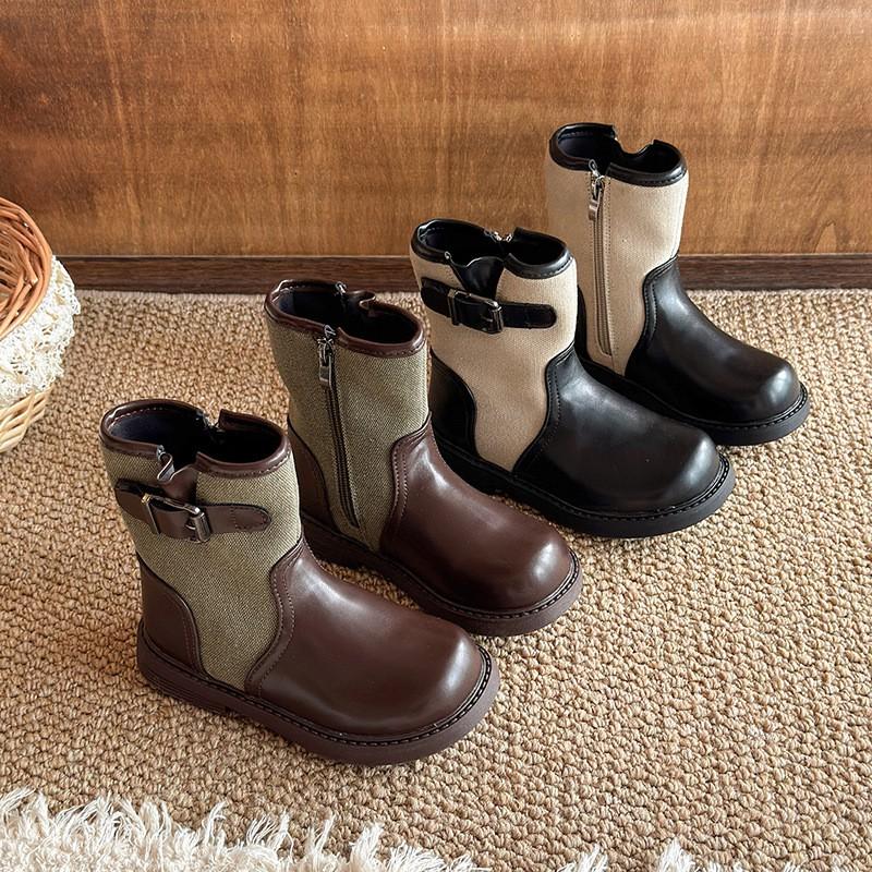 Girls Mid-Calf Martin Boots Retro British Style PU Leather Side Zip Fashion Ankle Winter