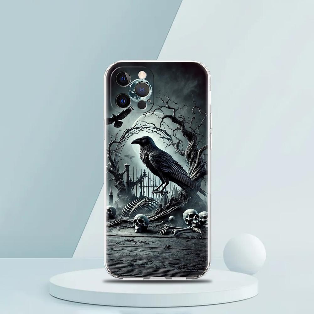 Мягкий прозрачный чехол-бампер из ТПУ для iPhone 16 15 14 13 12 11 Pro Max XR 8 7 Plus XR Ударопрочный корпус Ворон Череп вороны Сумки