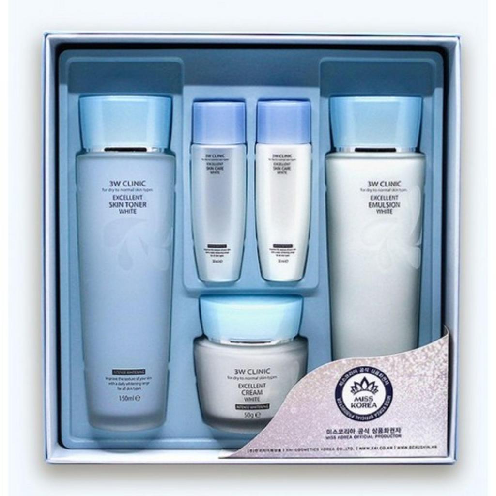 3W Clinic Excellent White Skincare Set (Skin Toner 150ml + 30ml / Emulsion 150ml + 30ml / Cream 50ml)