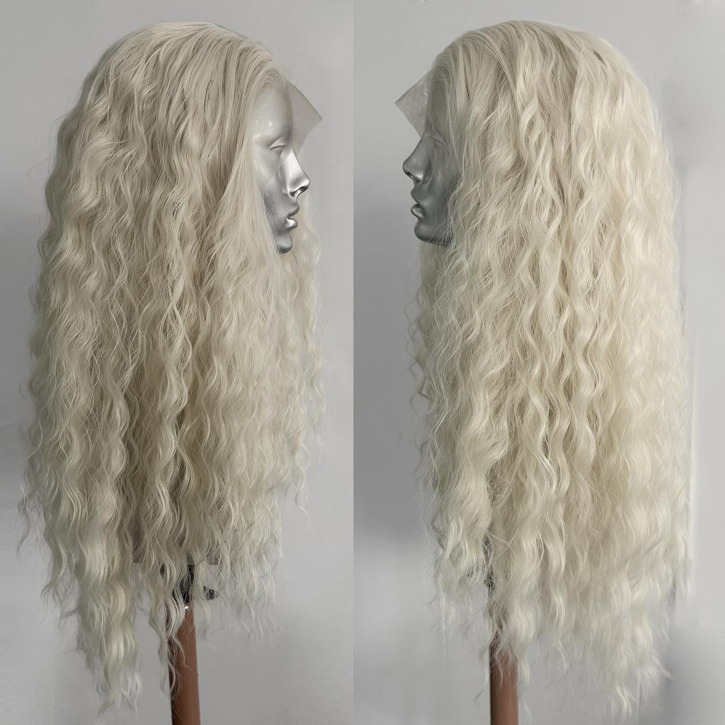 Platinum Blonde Deep Curly Wave Wig 13x4 Synthetic Lace Front Wig for Women Glueless Heat Resistant Fiber Hair Daily Use Cosplay