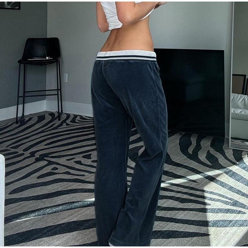 Повседневные брюки из синего бархата, уличные прямые брюки с шитьем, винтажные свободные женские брюки с завязками и низкой талией, базовые, весна-осень 2025 г.