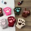 Winter Cute Cartoon Half-Finger Fleece Gloves for Women, Bear & Cat Paw Design.