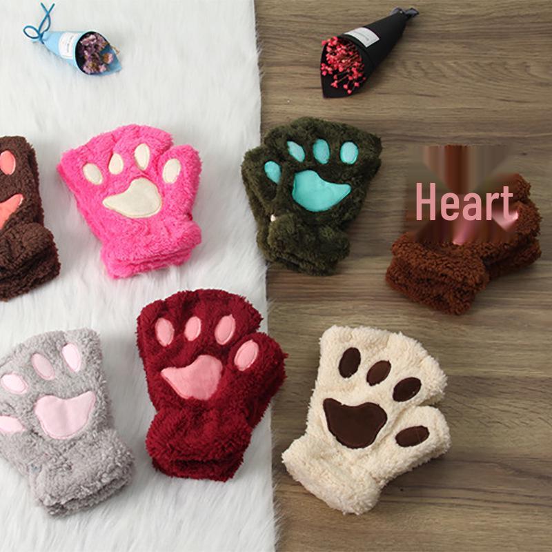 Winter Cute Cartoon Half-Finger Fleece Gloves for Women, Bear & Cat Paw Design.
