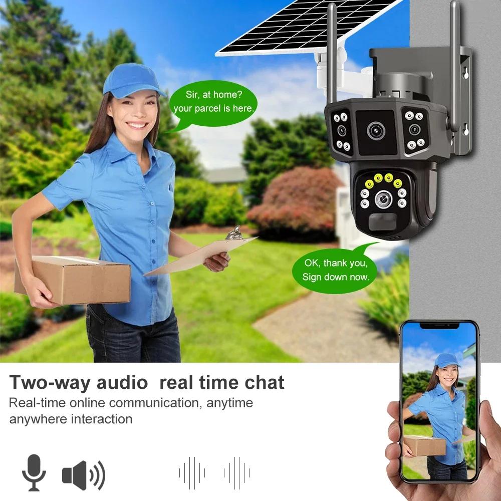 4K 8MP HD Dual Lens 4G SIM Solar Camera PTZ Auto Tracking Three Screens Outdoor Security Surveillance WIFI CCTV IP Cameras V380 APP