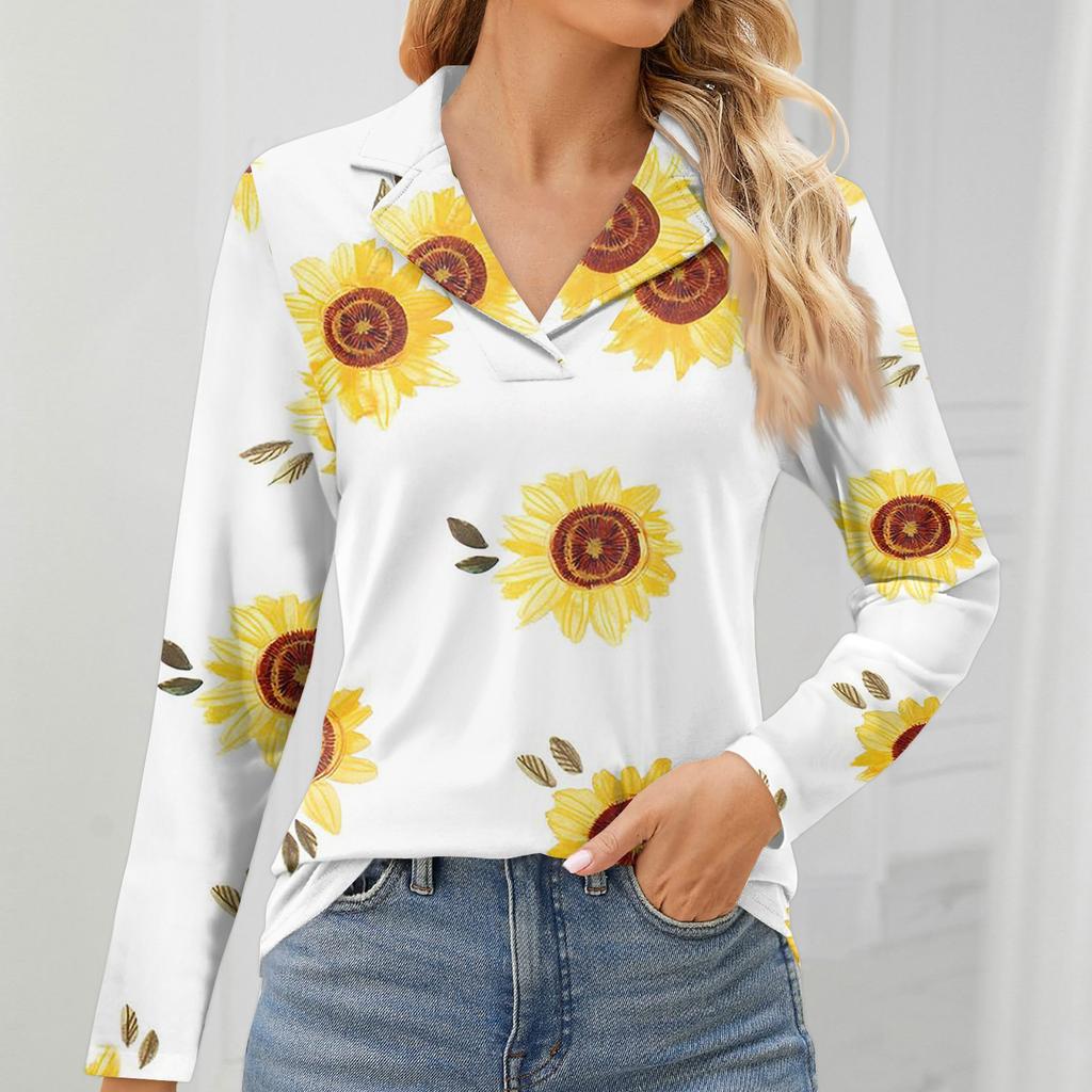Women's Fashion Leisure Long Sleeve V Neck Flower Printing Top