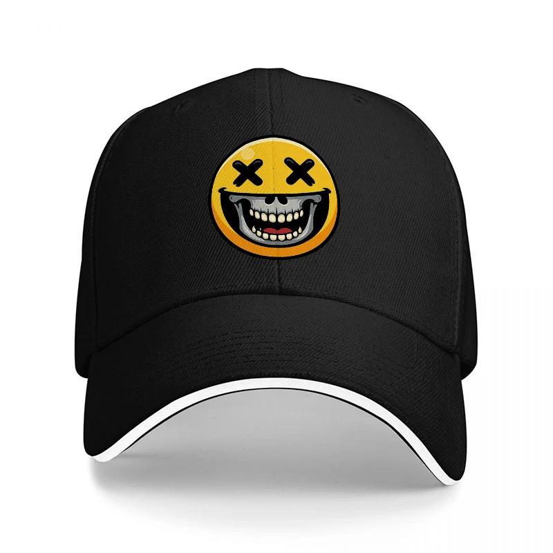 Face Skull Design Baseball Cap Black with Yellow Emoticon Graphic Cool Streetwear Style Hat for Unisex and Women