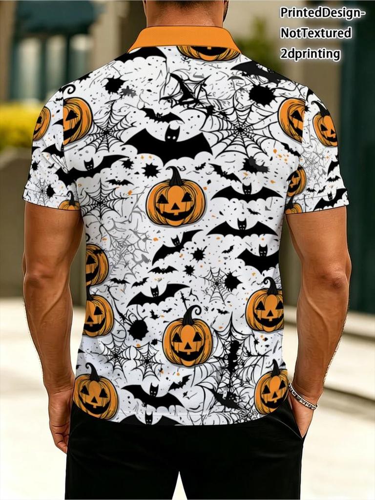Men's Outdoor Halloween Polo Shirt, Mixed Color, Multiple Specifications Available, Polyester Material, Festive Whimsical Style with Jack - O' -