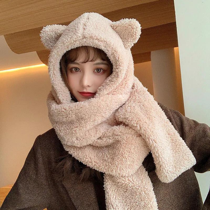 Winter Warm Scarf Women Girl Bear Ear Cut Hooded Hats Pockets Goloves Scarves All In One Cashmere Soft Shawls Female Fur Warm Winter Scarf