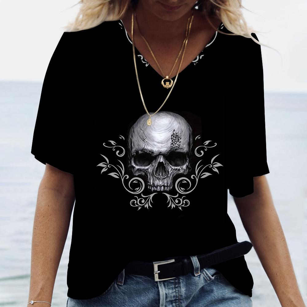 3D Черепа Цветочный Принт Женские Футболки Модные Футболки С V-образным Вырезом Короткие Рукава Летняя Повседневная Женская Одежда Свободные Топы Уличная Одежда