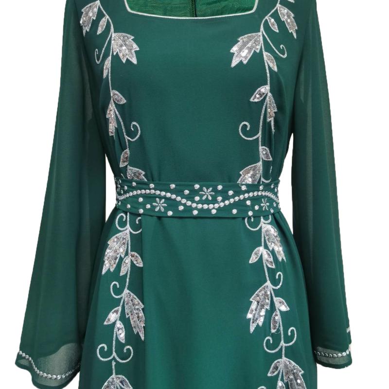 Luxury Women's Embroidered Dress for Muslim Parties, Waist Tied and Slim Fitting Long Style
