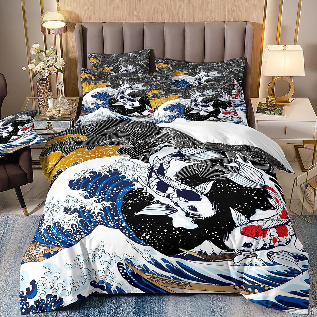 3D Three-Piece Ukiyo-E Painting Wave Flower Quilt Cover Digital Printing Bedding