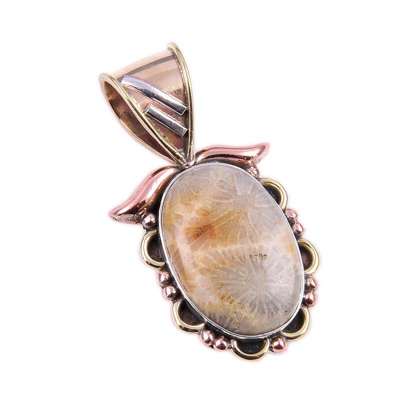 Натуральный ископаемый коралл 925 проба Стерлинговое серебро Двухцветная подвеска в подарок 1,25" D2d21