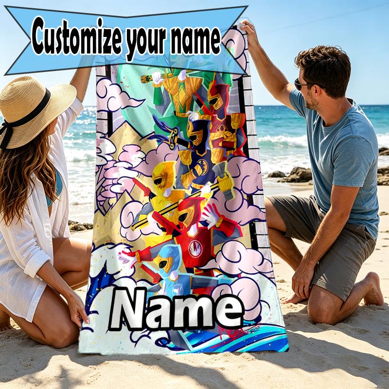 Custom Name Personalized Mighty Morphin Power Rangers Print Beach Towel, for Trip Camping Beach Party Home Decor, Birthday Gift for Family & Friends